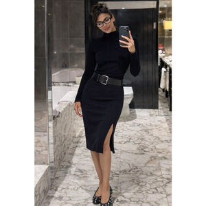 The Drop M Veronique High-Waist Ribbed Academia Slit Office Siren Winter Skirt